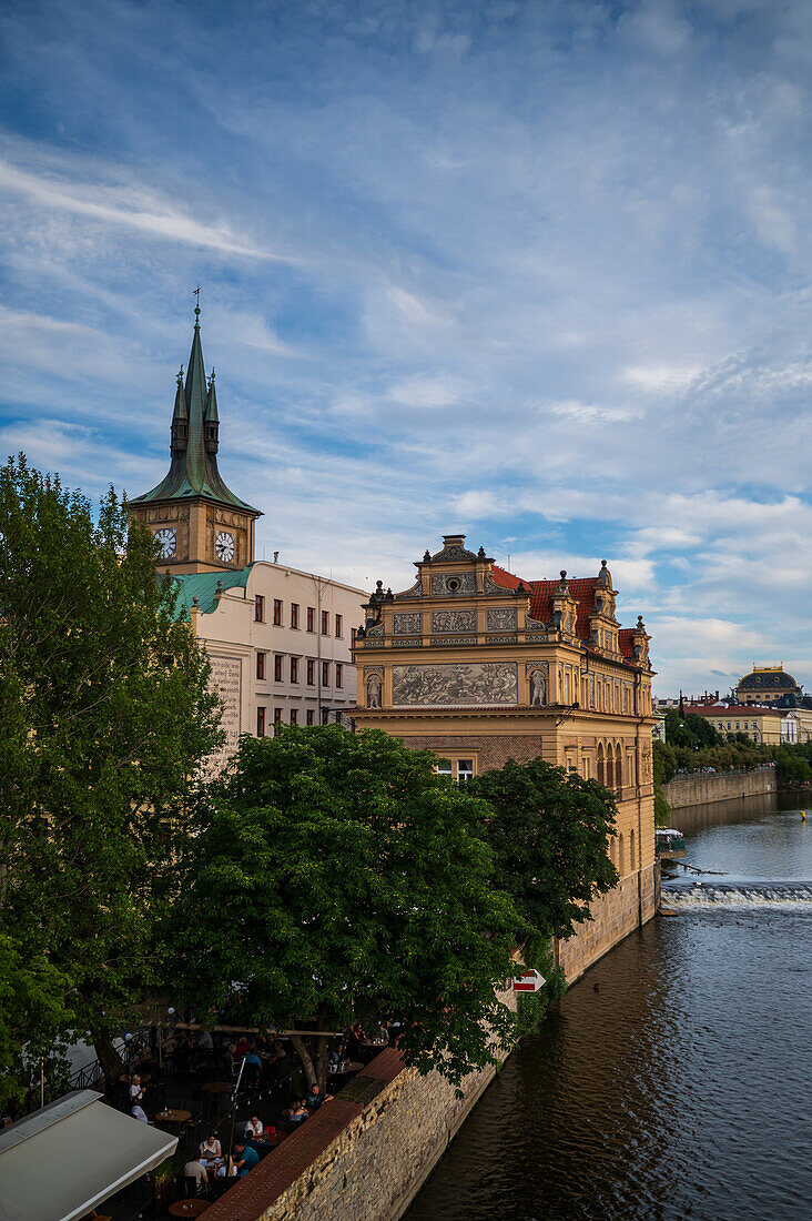 Bedrich Smetana Museum on Vltava embankment and Old Town Water Tower, Prague