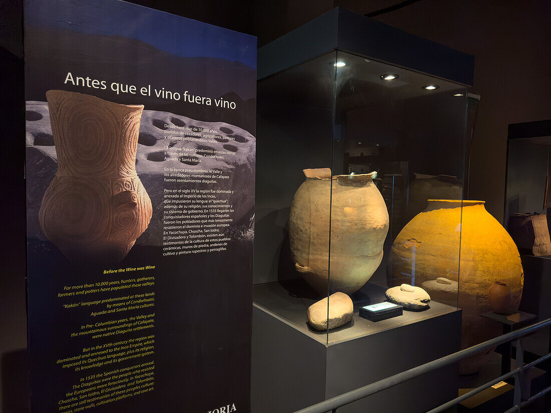 Display of pre-Hispanic artifacts in the Museo de la Vid y el Vino or Museum of the Vine and the Wine in Cafayate, Argentina.