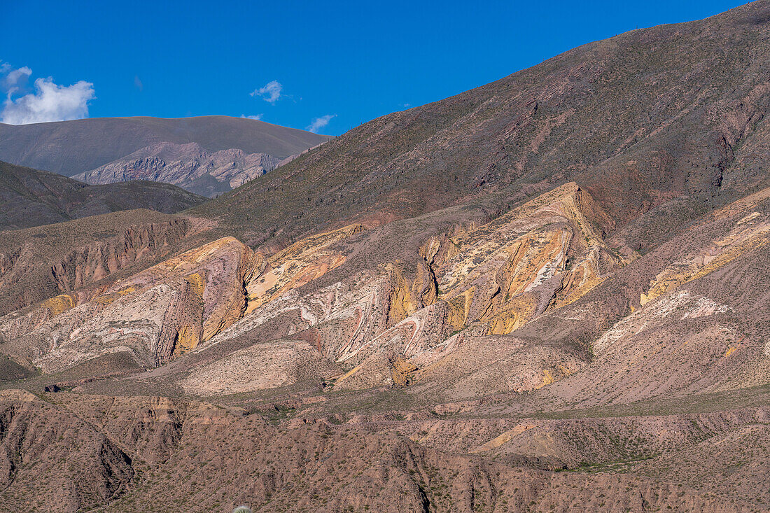 The colorful Paleta del Pintor or Painter's Palette in the Humahuaca Valley or Quebrada de Humahuaca in Argentina.