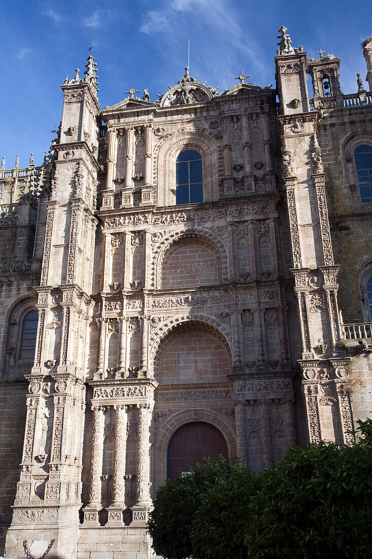 The intricate Plateresque façade showcases the architectural beauty of the New Cathedral in Plasencia, Cáceres, under a clear sky.