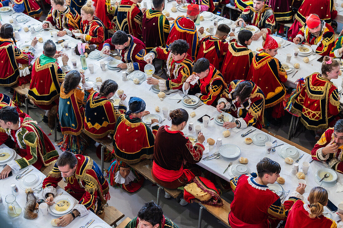 Traditional lunch at The Festival of Saint John of Sobrado, also known as Bugiada and Mouriscada de Sobrado, takes place in the form of a fight between Moors and Christians , locally known as Mourisqueiros and Bugios, Sao Joao de Sobrado, Portugal