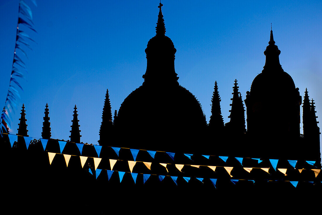 Celebration flags in front of the silhouette of the Cathedral of Segovia.