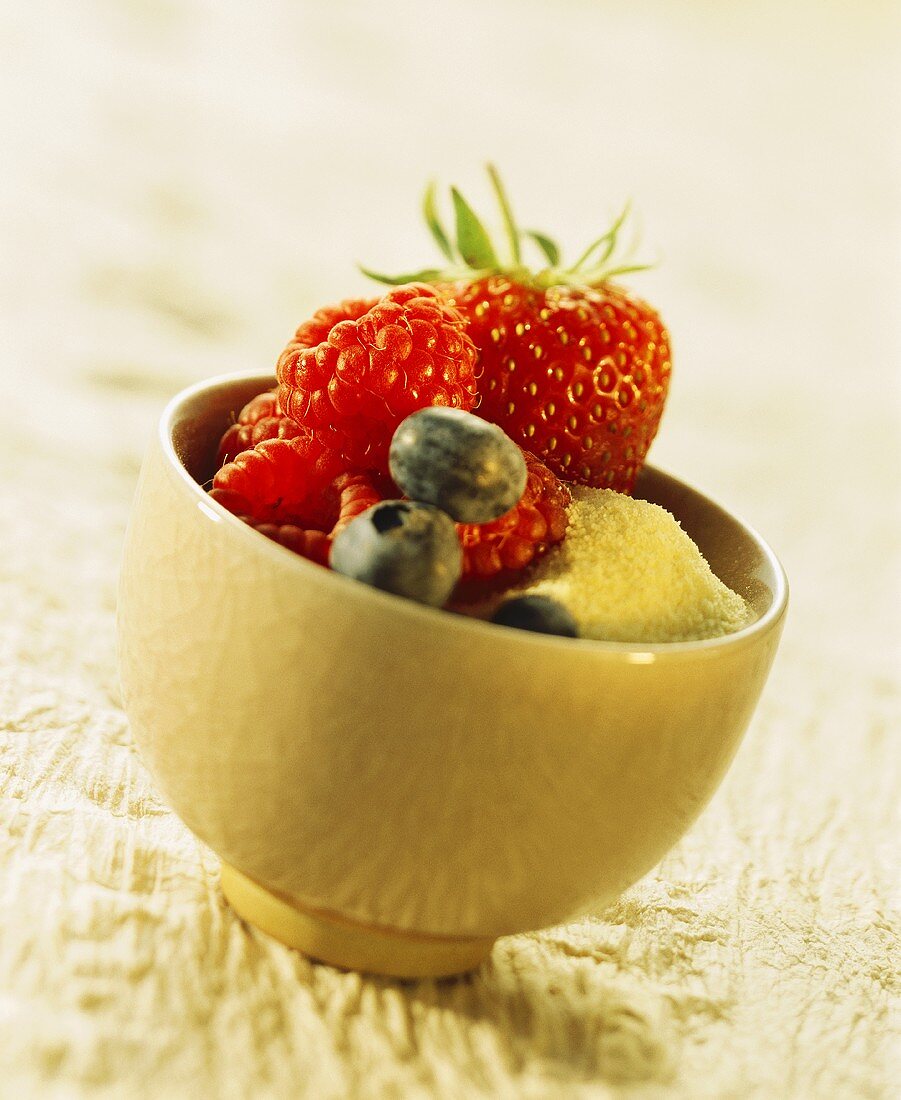 Mixed berries on semolina in bowl (dessert ingredients)