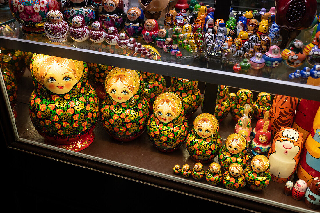 Assorted Matryoshka Russian nesting dolls at shop display window, Prague