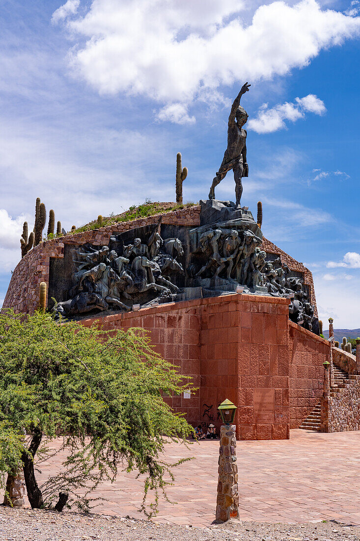 Monument to the Heros of lndependence in Humahuaca in the Humahuaca Valley or Quebrada de Humahuaca, Argentina. The single statue on the monument depicts an indigenous man.