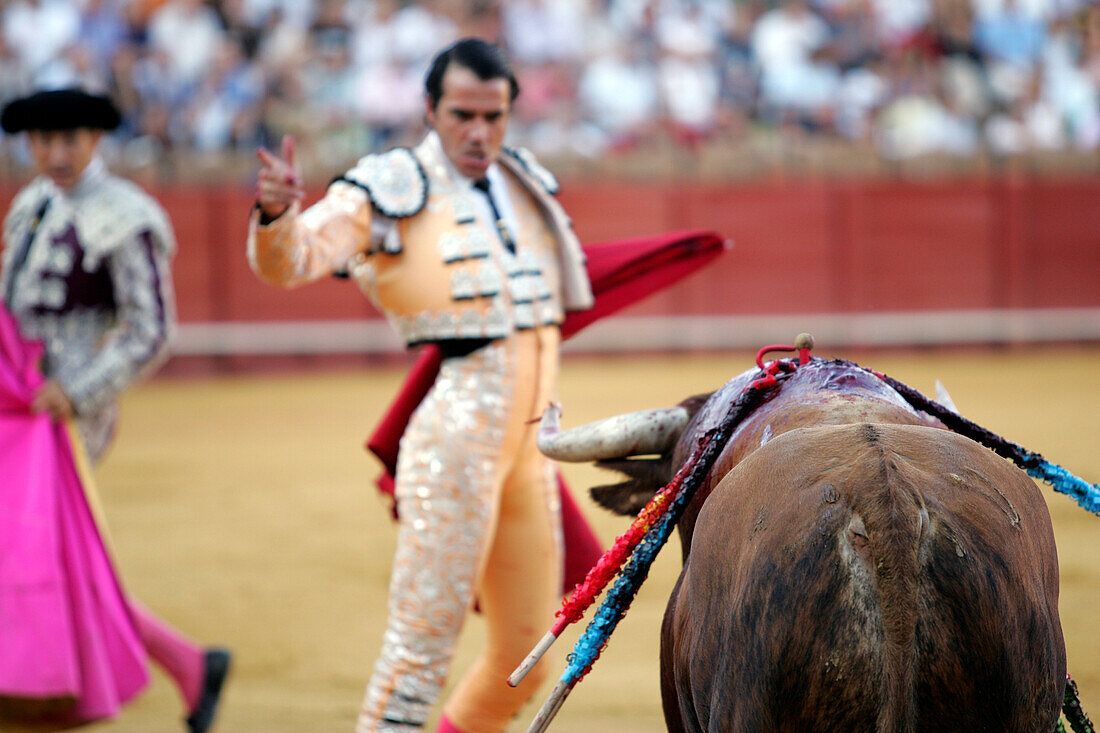 Sevilla, Spanien, 15. August 2006, Uceda Leal steht aufrecht, nachdem er den Stier während eines Stierkampfes in Sevilla gestochen hat, der die traditionelle spanische Kultur am 15. August 2006 präsentiert