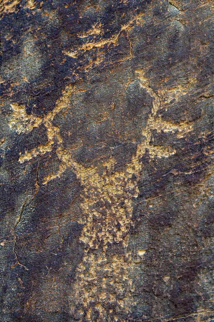 An anthropomorphic figure with a horned headdress on a pre-Hispanic Fremont Amerindian rock art panel in Nine Mile Canyon, Utah.