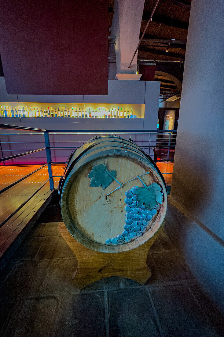 A decorated wooden wine barrel in the Museo de la Vid y el Vino or Museum of the Vine and the Wine in Cafayate, Argentina.