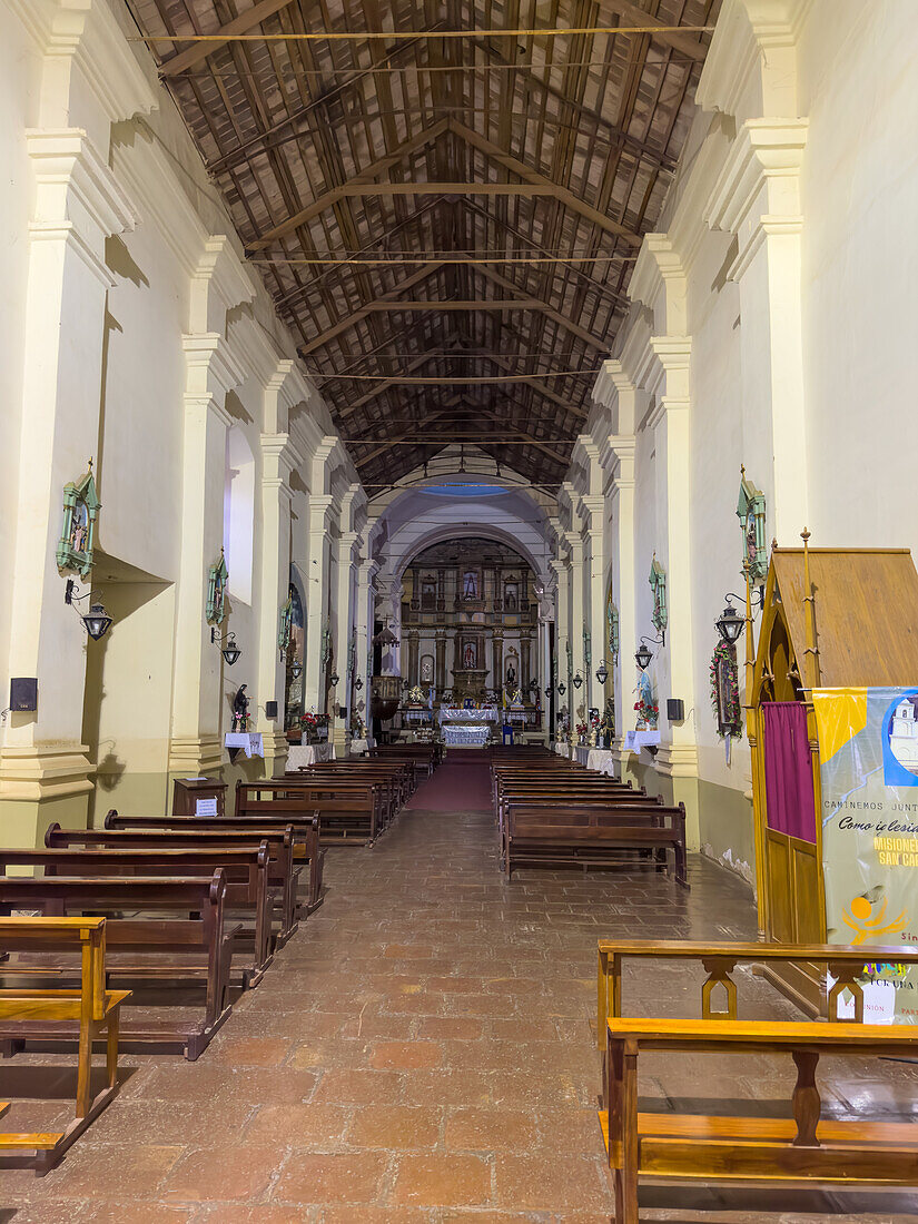 The nave of the 19th Century Church of San Carlos Borromeo in San Carlos, Argentina in the Calchaqui Valley.