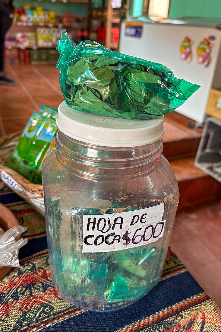 Coca leaves for sale in a shop in Purmamarca, Argentina.