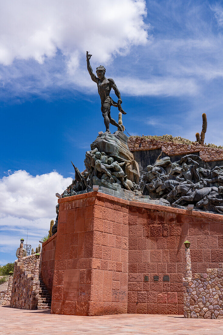 Monument to the Heros of lndependence in Humahuaca in the Humahuaca Valley or Quebrada de Humahuaca, Argentina. The single statue on the monument depicts an indigenous man.