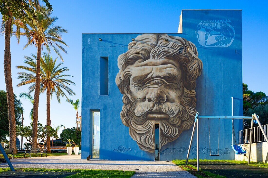 Murals, Polyphemus, a cyclops, Acit Tezza, Catania, Sicily, Italy, Mediterranean, Europe