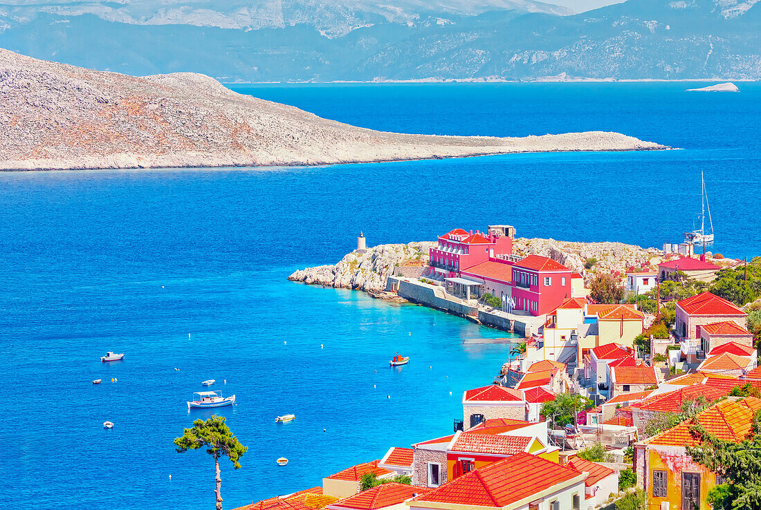 Emporio harbour, elevated view, Halki Island, Dodecanese Islands, Greek Islands, Greece, Europe