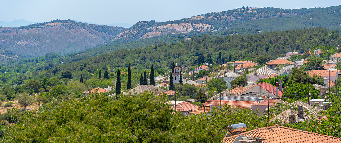 View of Theologos village from elevated position, Theologos, Thassos, Aegean Sea, Greek Islands, Greece, Europe