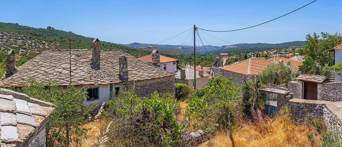 Blick auf das Dorf Theologos von erhöhter Position aus, Theologos, Thassos, Ägäisches Meer, Griechische Inseln, Griechenland, Europa