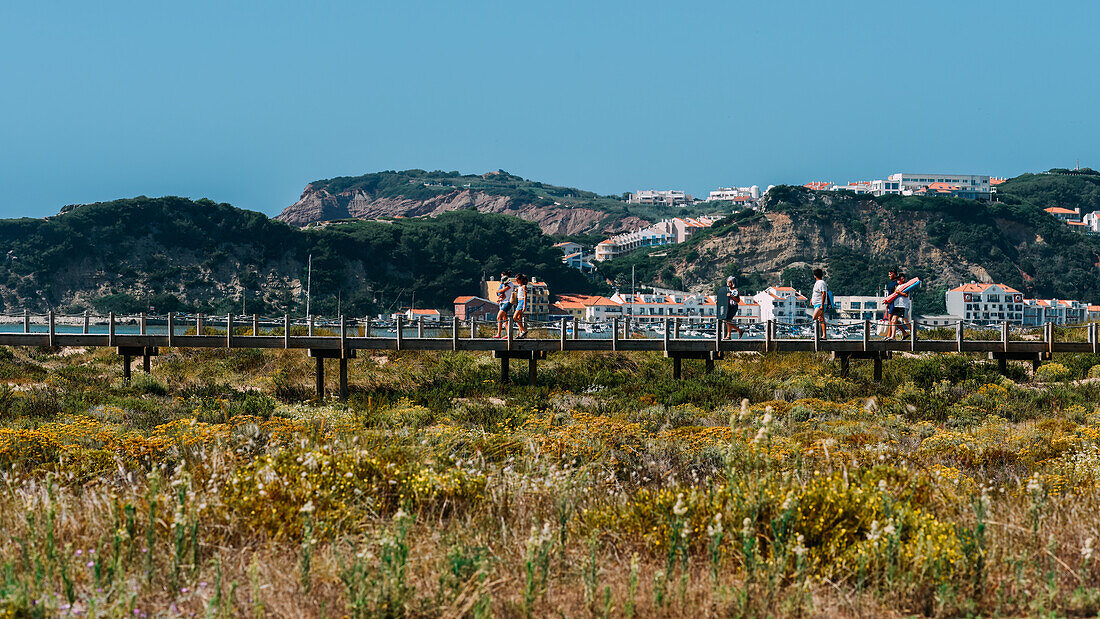 Visitors stroll along the wooden walkway in Sao Martinho do Porto, surrounded by vibrant wildflowers and breathtaking coastal views, Oeste, Portugal, Europe