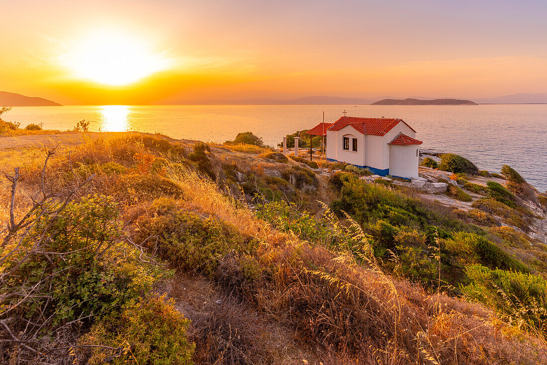 View of Church of the Holy Apostles in Thassos Town at sunset, Thassos, Aegean Sea, Greek Islands, Greece, Europe