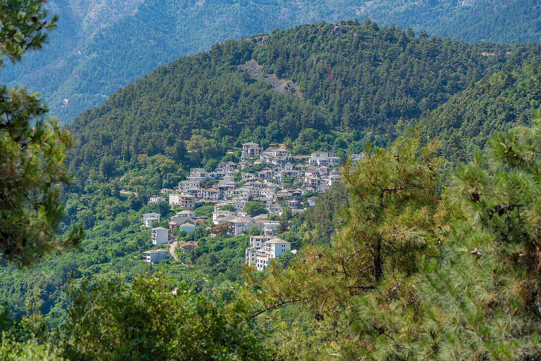 View of woodland and village of Panagia nestled in the hillside, Makriammos, Thassos, Aegean Sea, Greek Islands, Greece, Europe