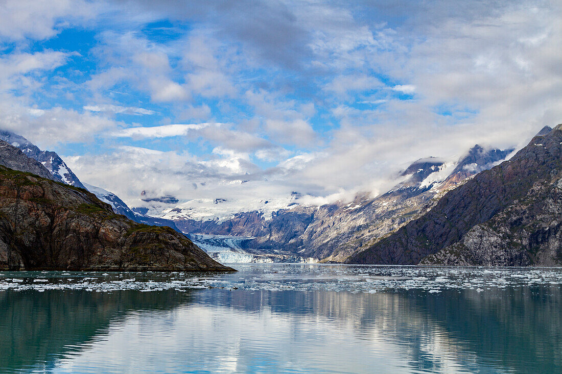 A view of Johns Hopkins Glacier against the Fairweather Range in Glacier Bay National Park and Preserve, UNESCO World Heritage Site, Alaska, United States of America, North America