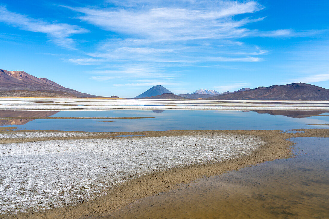 Reflection pool on salt flats and distant views of El Misti and Chachani volcanoes, Salinas y Aguada Blanca National Reserve, Arequipa Province, Arequipa Region, Peru, South America