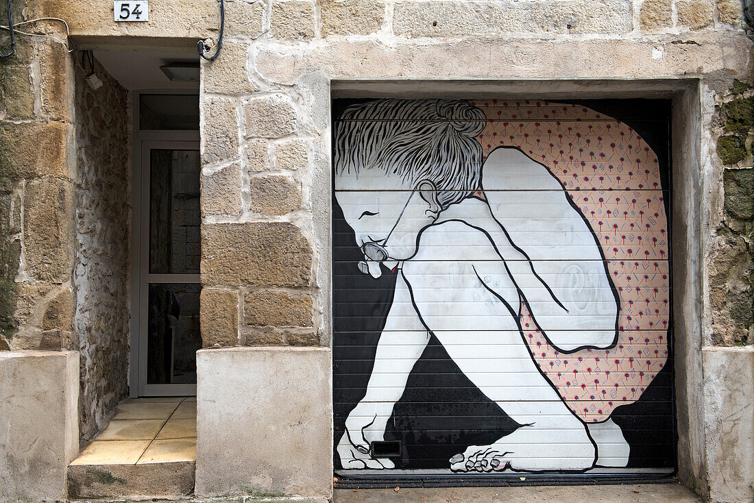 Gemälde auf Garagentor von Ella und Pitr, Straßenkünstler, Straße Henri Gonnard, Saint-Etienne, Departement Loire, Region Auvergne-Rhone-Alpes, Frankreich, Europa