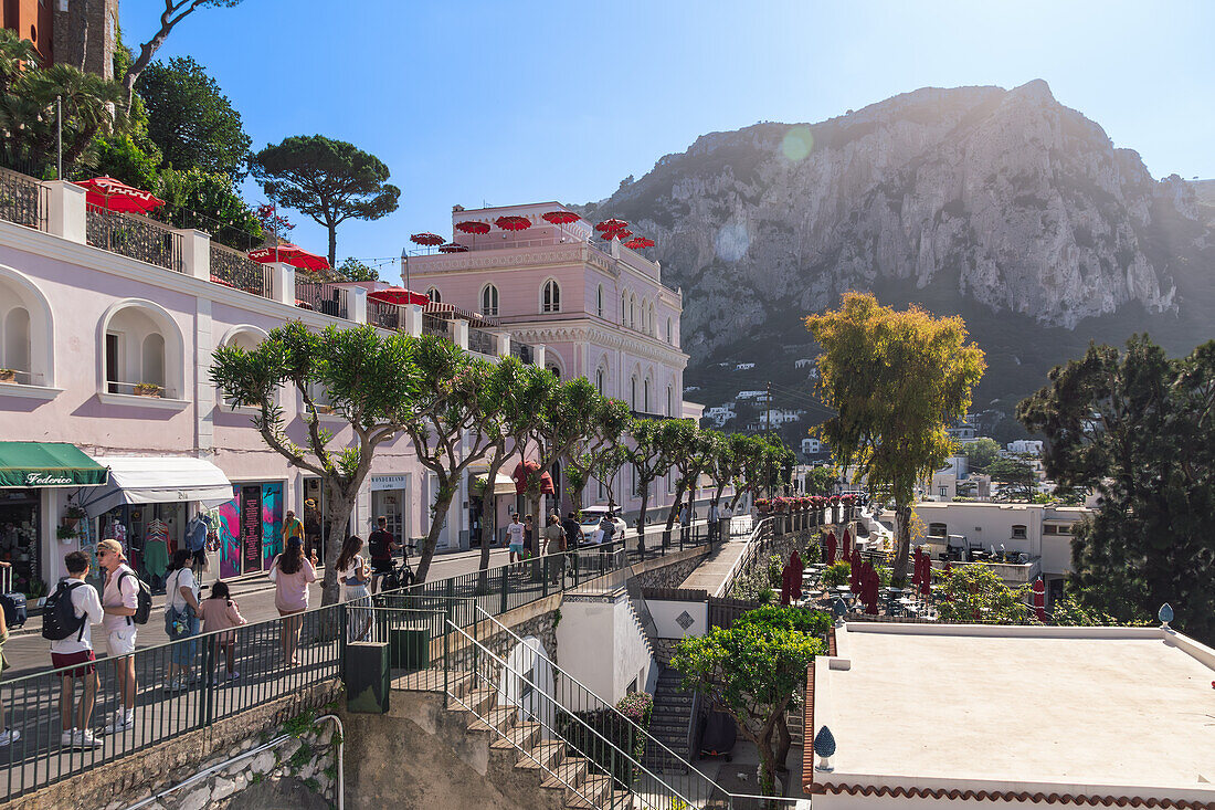 Tourists walking on Via Roma on Capri Island, Bay of Naples, Campania, Italy, Europe