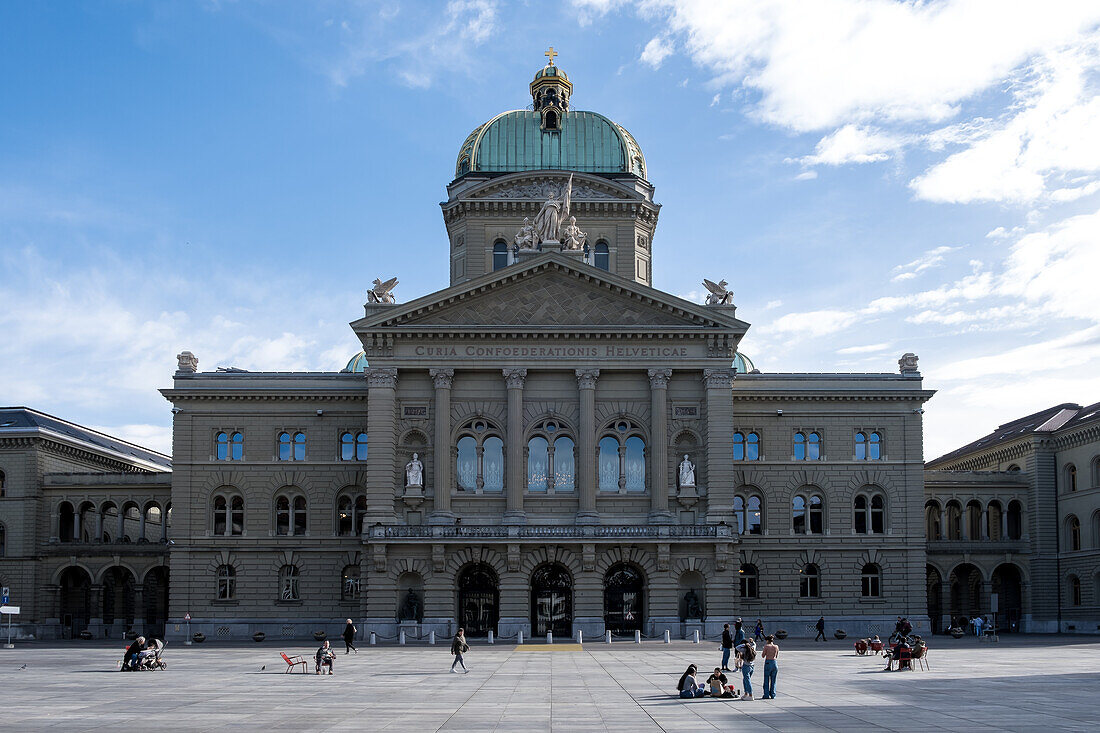 View of the central building of the Federal Palace of Switzerland, the seat of the Swiss government, located in Bern, Switzerland, Europe