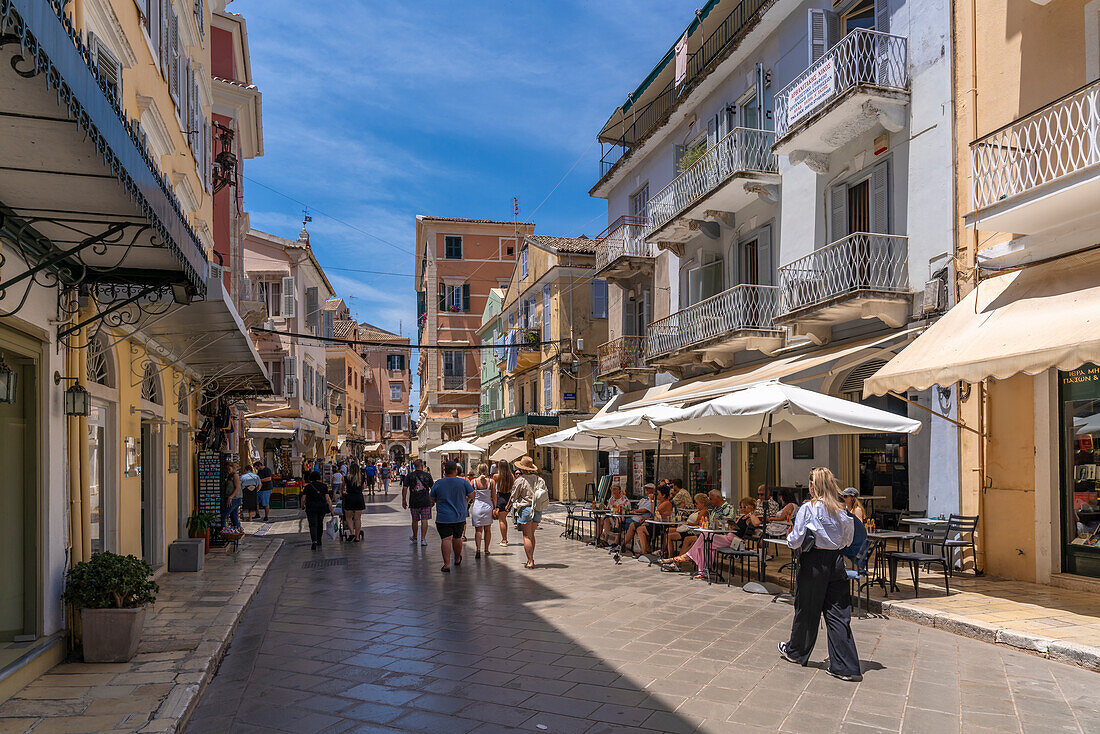 View of cafes and bars on Nikiforou Theotoki, Corfu Town, Corfu, Ionian Sea, Greek Islands, Greece, Europe