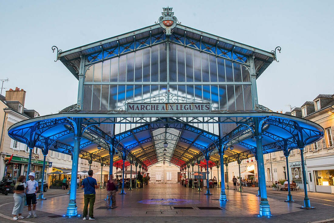 Hervorgehobene Baltard-Markthalle auf dem Place Billard, künstlerische Gestaltung von MO-CA illustration, Stadt Chartres, Departement Eure-et-Loir, Region Centre-Val-de-Loire, Frankreich, Europa