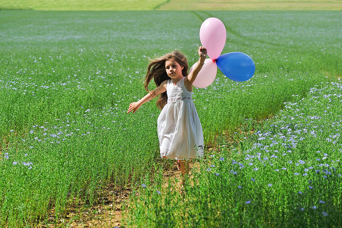 Kleines, weiß gekleidetes Mädchen spielt mit Luftballons in einem blühenden Flachsfeld, Region Centre-Val de Loire, Frankreich, Europa