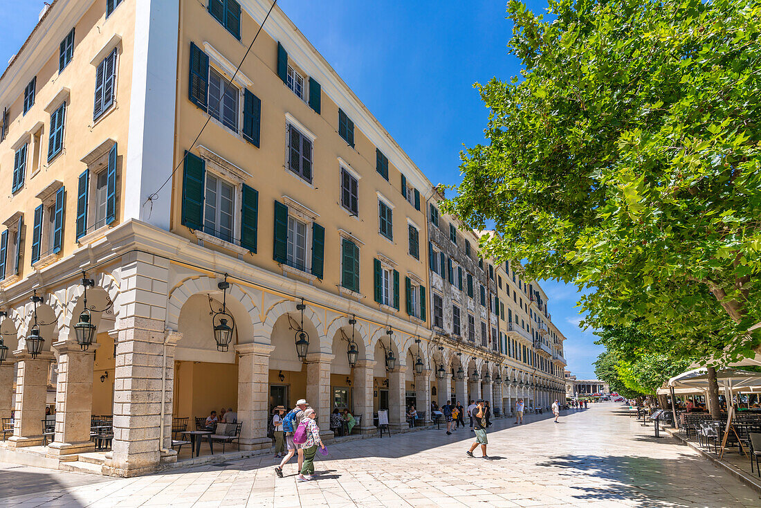 View of buildings and restaurants on the Liston Esplanade, Corfu Old Town, Corfu, The Ionian Islands, Greek Islands, Greece, Europe