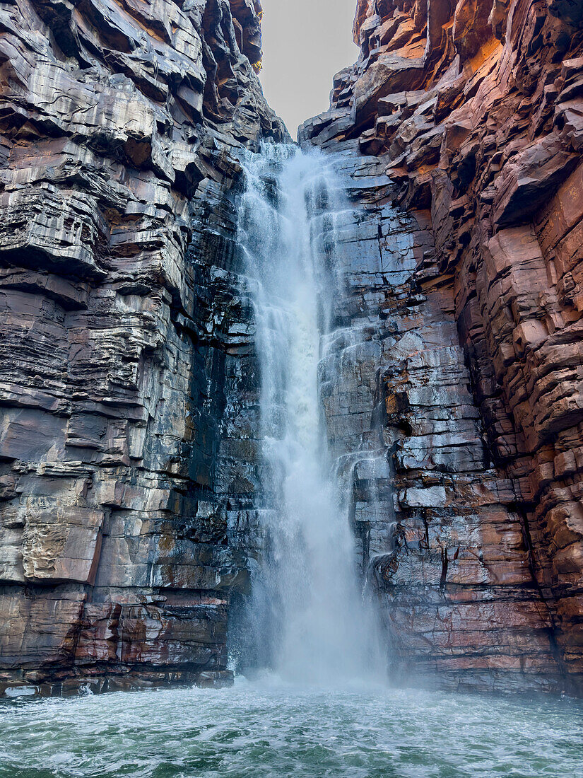 One of the twin 100 meter waterfalls formed in the Warton Sandstone, King George River, Kimberley, Western Australia, Australia, Pacific