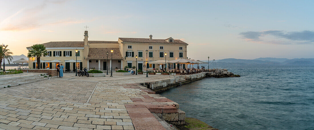 View of Faliraki Corfu at dusk in Corfu Town, Corfu, Ionian Sea, Greek Islands, Greece, Europe