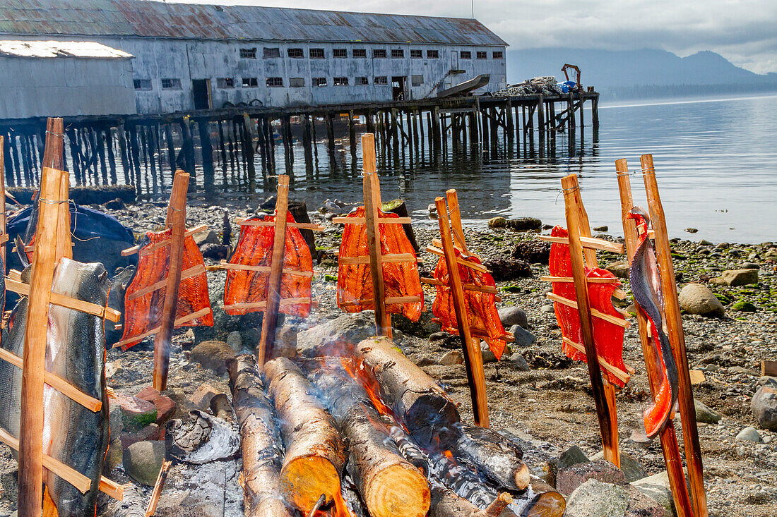 Smoking salmon over an alder wood fire by the First Nations Kwakwaka'wakw people in Alert Bay, British Columbia, Canada, North America