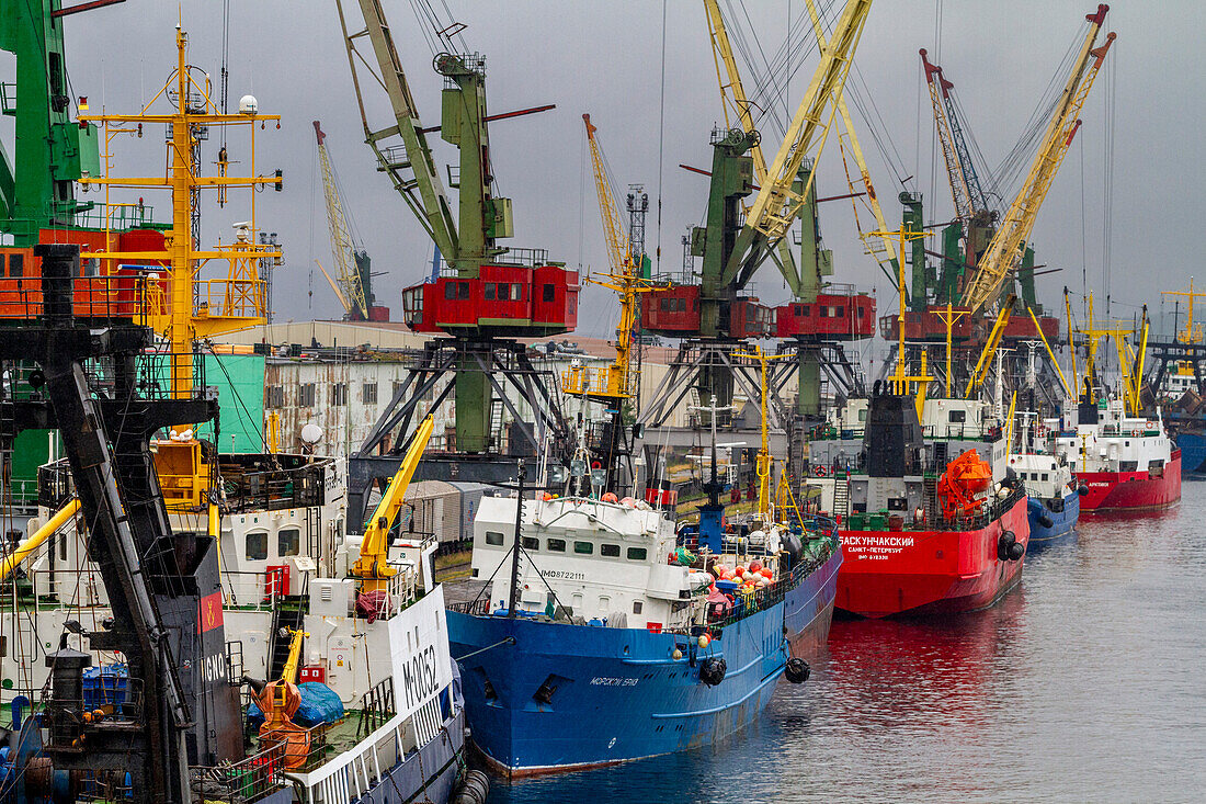 A view of the industrial and militarized Russian seaport city of Murmansk on the northern shore of the Kola Peninsula, Murmansk Oblast, Russia, Arctic, Europe