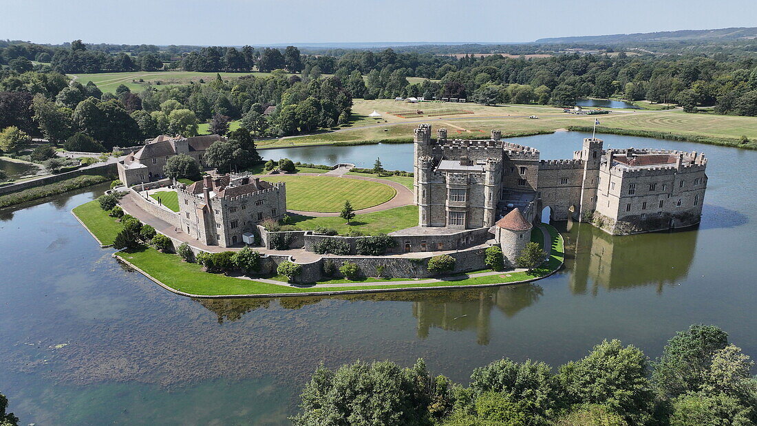 Aerial view of Leeds Castle and moat, southeast of Maidstone, Kent, England, United Kingdom, Europe