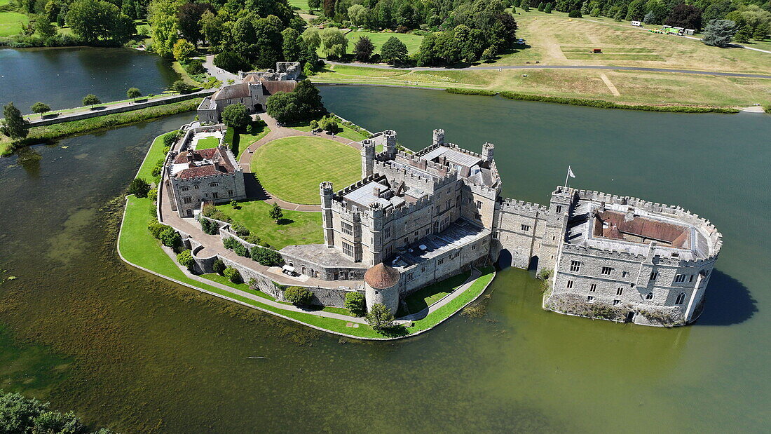 Aerial view of Leeds Castle and moat, southeast of Maidstone, Kent, England, United Kingdom, Europe