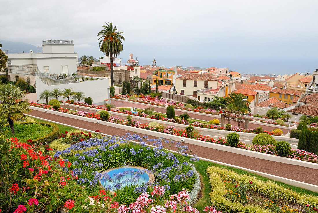 View over the city from the Gardens of Marquesado de la Quinta Roja, La Orotava, Tenerife, Canary Islands, Spain, Atlantic Ocean, Europe