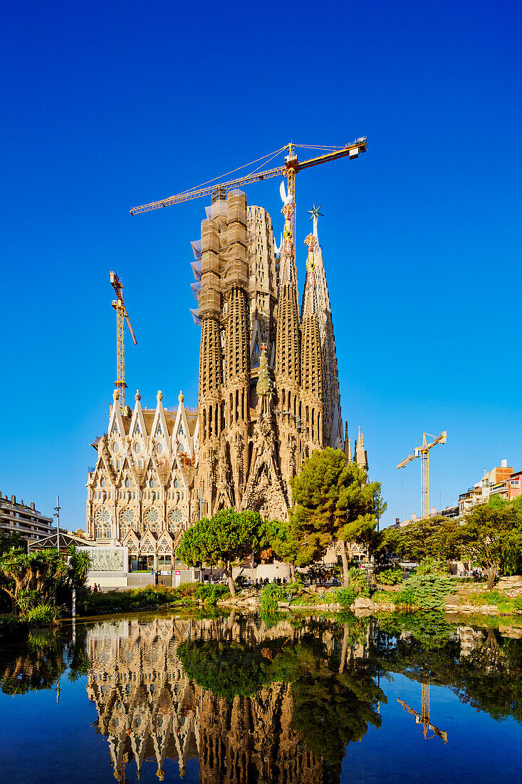 Basilica of Sagrada Familia at sunrise, UNESCO World Heritage Site, Barcelona, Catalonia, Spain, Europe