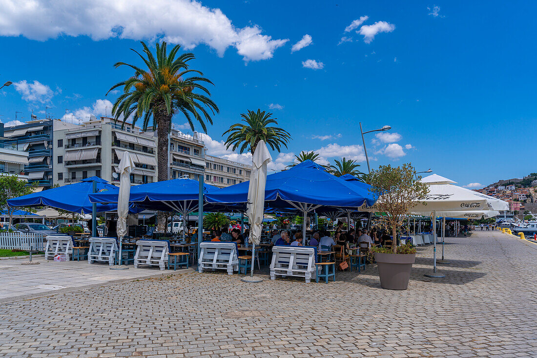 View of tavernas in Kavala Dock, Kavala, Dimos Kavalas, Eastern Macedonia and Thrace, Gulf of Thasos, Gulf of Kavala, Thracian Sea, Greece, Europe