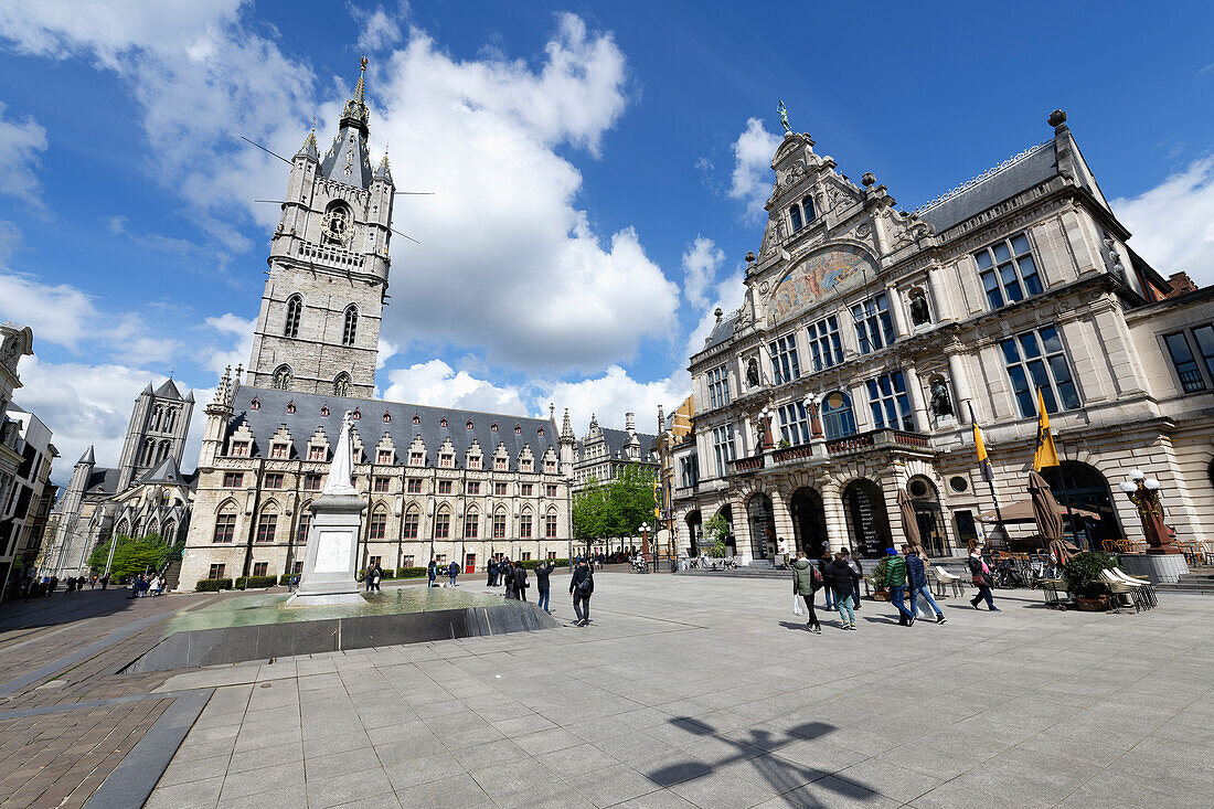 The 14th century Ghent Belfry, UNESCO World Heritage Site, and Saint Bavo square, Ghent, Flanders, Belgium, Europe