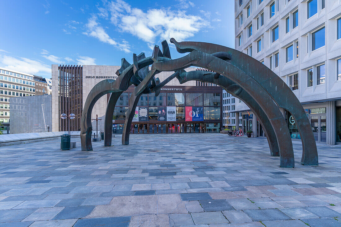 View of Oslo Concert Hall and Turid Angell Eng sculpture in Johan Svendsens Plass, Oslo, Norway, Scandinavia, Europe