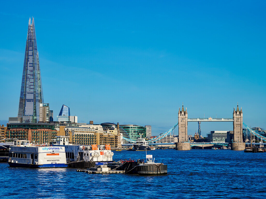 View over River Thames towards Tower Bridge and The Shard, London, England, United Kingdom, Europe