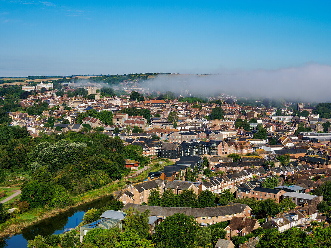 Townscape on a foggy morning, Lewes, East Sussex, England, United Kingdom, Europe