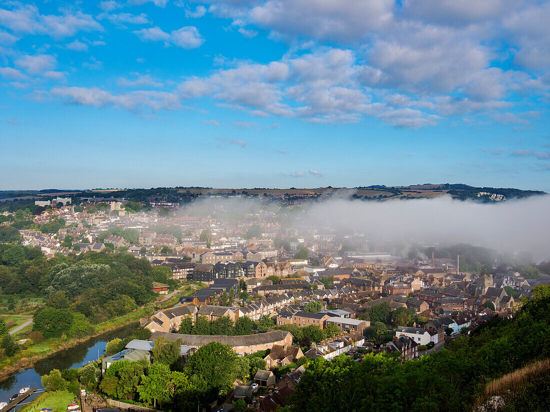 Townscape on a foggy morning, Lewes, East Sussex, England, United Kingdom, Europe