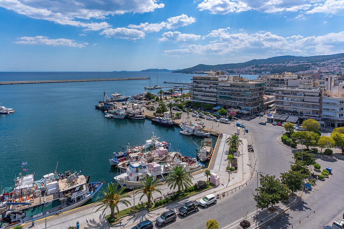 View of Kavala port from elevated position, Dimos Kavalas, Eastern Macedonia and Thrace, Gulf of Thasos, Gulf of Kavala, Thracian Sea, Greece, Europe