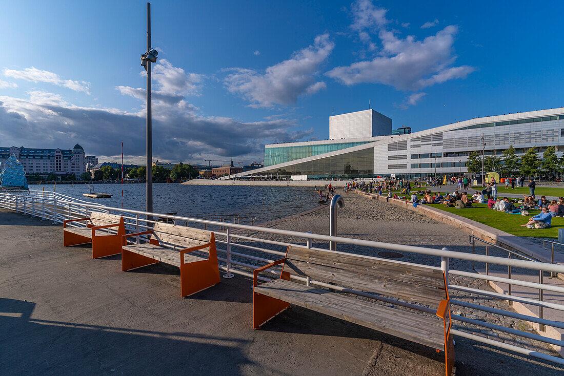 View of Opera Beach and Opera House on a sunny day, Oslo, Norway, Scandinavia, Europe