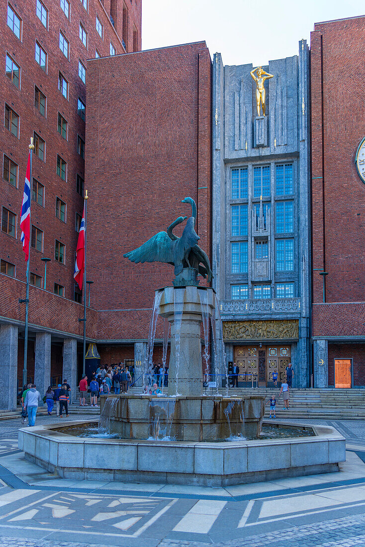 View of Oslo City Hall and fountain on a sunny day, Oslo, Norway, Scandinavia, Europe