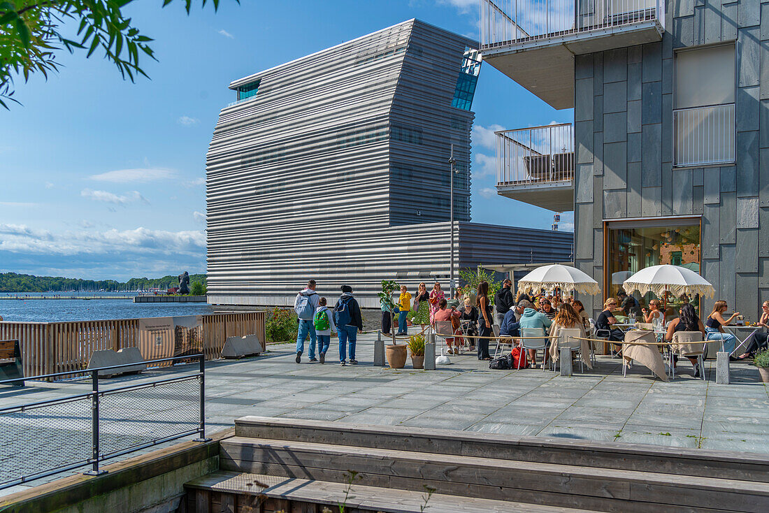 View of the Munch Museum and cafe in Bispekaia on a sunny day, Oslo, Norway, Scandinavia, Europe