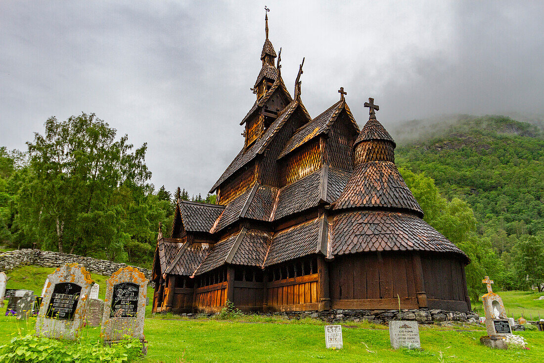 Borgund stave church, a triple-nave stave church of the Sogn-type, built around AD 1180, Borgund, Vestland, Norway, Scandinavia, Europe